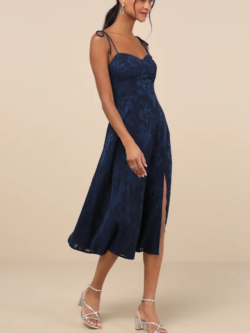 Lulus Loveliest Looks Navy Blue Floral Jacquard Tie-Strap Midi Dress - Picture 4 of 9